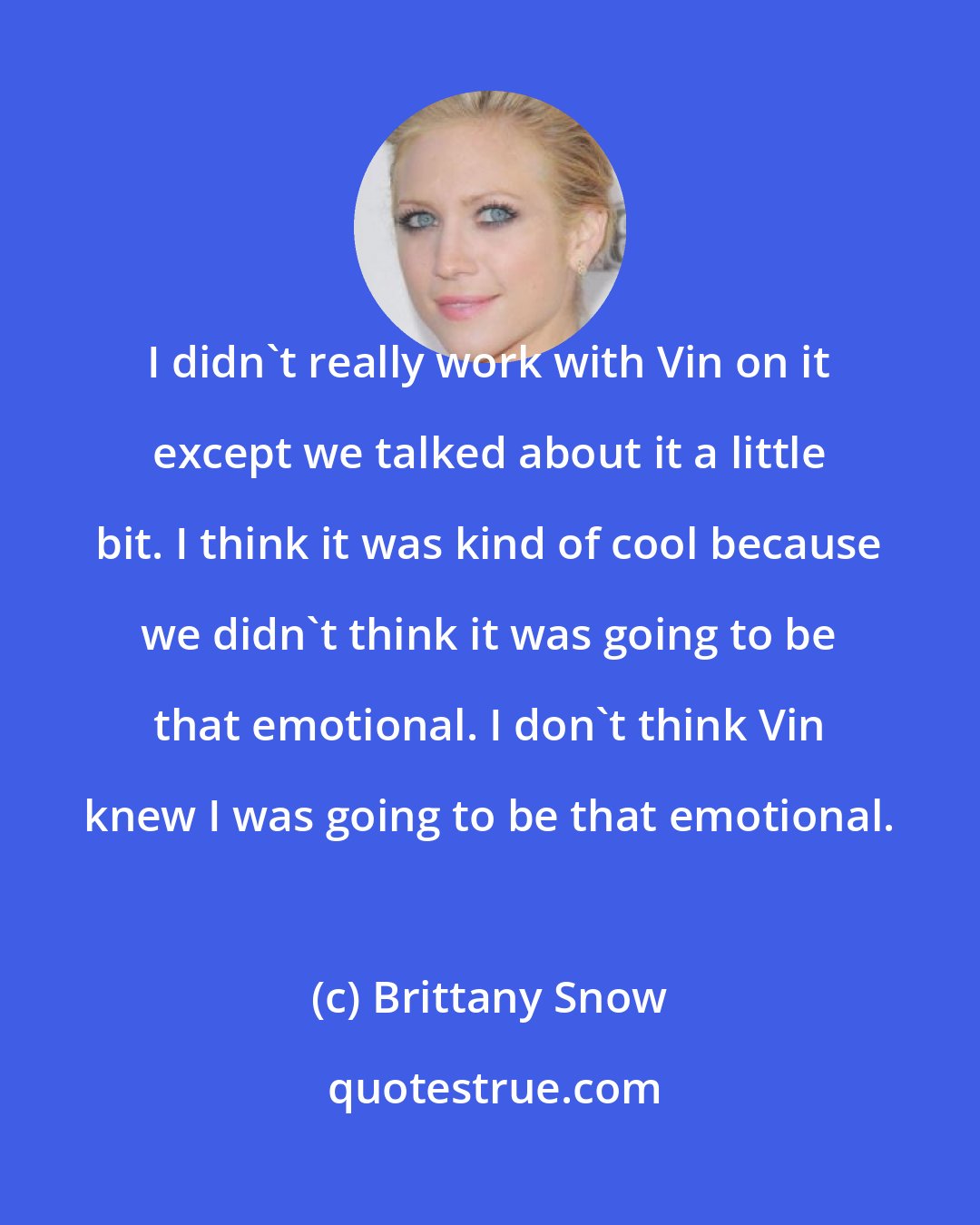 Brittany Snow: I didn't really work with Vin on it except we talked about it a little bit. I think it was kind of cool because we didn't think it was going to be that emotional. I don't think Vin knew I was going to be that emotional.