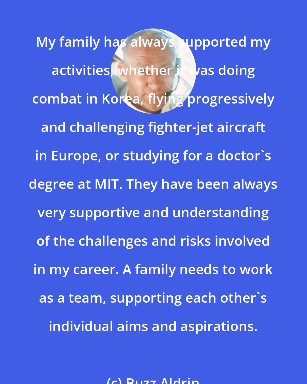 Buzz Aldrin: My family has always supported my activities, whether it was doing combat in Korea, flying progressively and challenging fighter-jet aircraft in Europe, or studying for a doctor's degree at MIT. They have been always very supportive and understanding of the challenges and risks involved in my career. A family needs to work as a team, supporting each other's individual aims and aspirations.