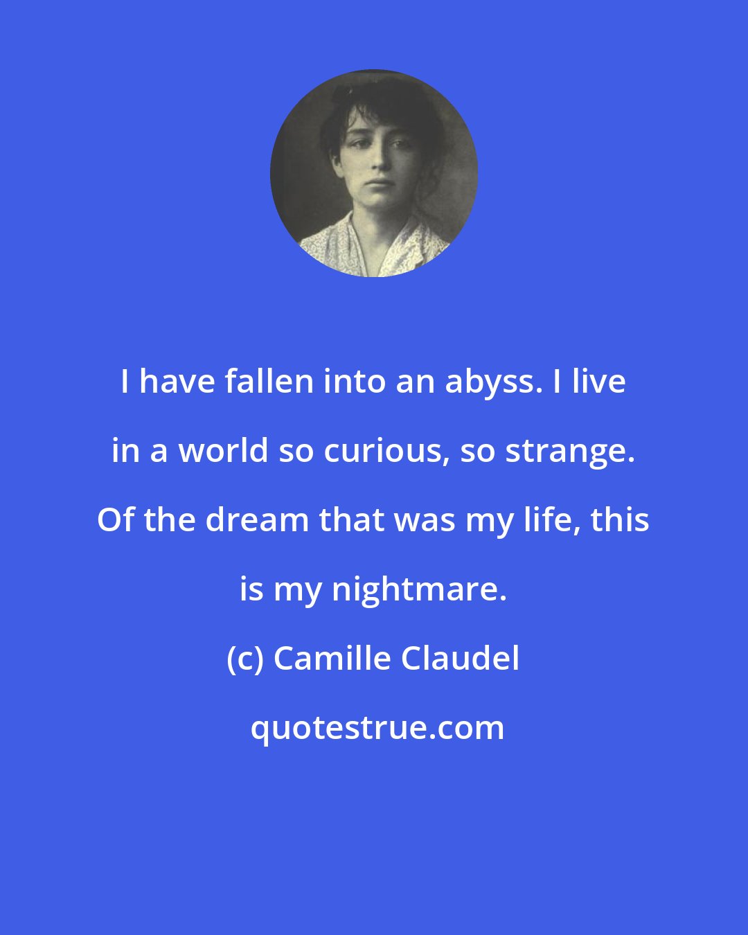 Camille Claudel: I have fallen into an abyss. I live in a world so curious, so strange. Of the dream that was my life, this is my nightmare.