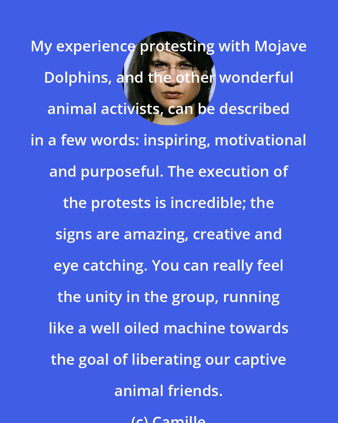 Camille: My experience protesting with Mojave Dolphins, and the other wonderful animal activists, can be described in a few words: inspiring, motivational and purposeful. The execution of the protests is incredible; the signs are amazing, creative and eye catching. You can really feel the unity in the group, running like a well oiled machine towards the goal of liberating our captive animal friends.