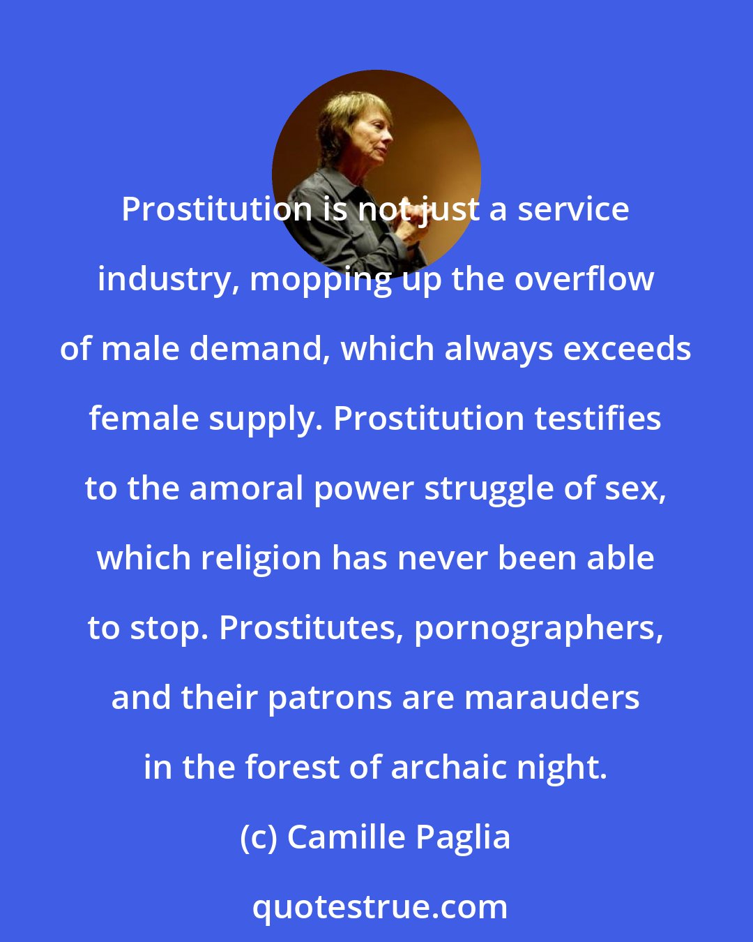 Camille Paglia: Prostitution is not just a service industry, mopping up the overflow of male demand, which always exceeds female supply. Prostitution testifies to the amoral power struggle of sex, which religion has never been able to stop. Prostitutes, pornographers, and their patrons are marauders in the forest of archaic night.