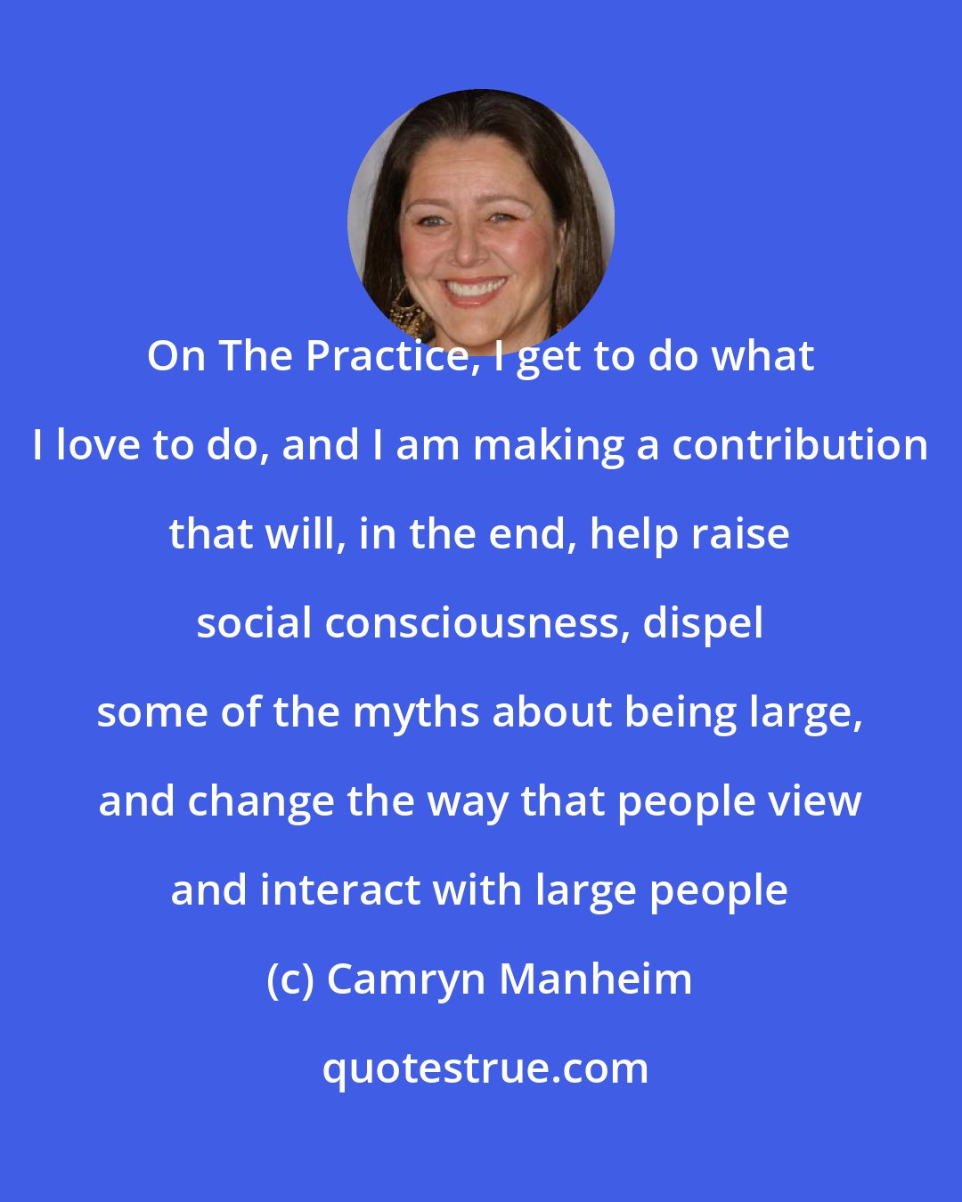 Camryn Manheim: On The Practice, I get to do what I love to do, and I am making a contribution that will, in the end, help raise social consciousness, dispel some of the myths about being large, and change the way that people view and interact with large people