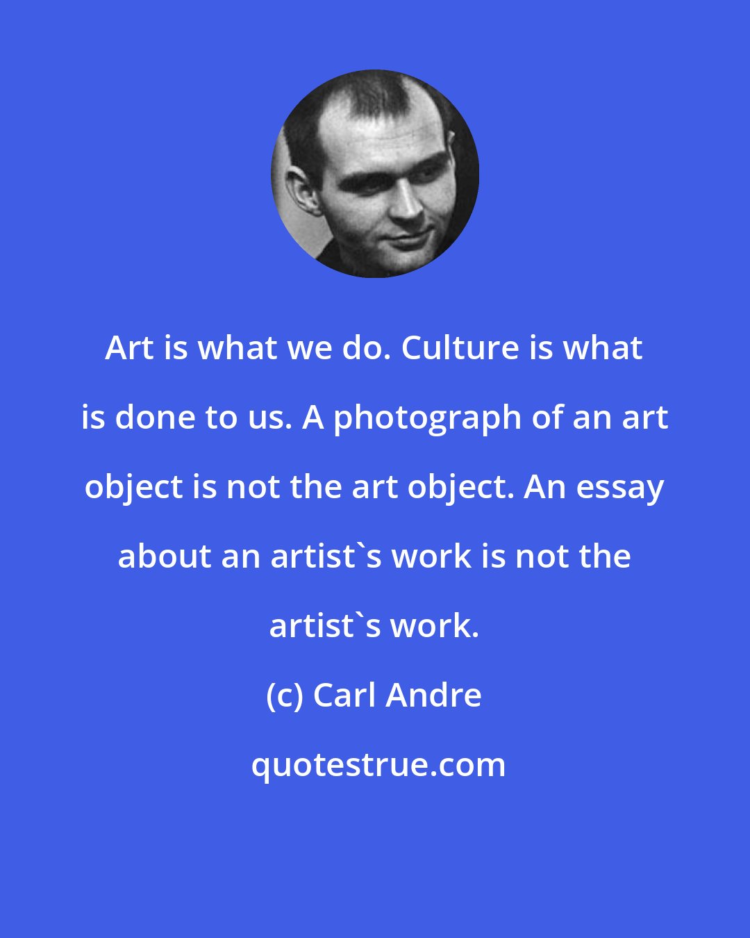 Carl Andre: Art is what we do. Culture is what is done to us. A photograph of an art object is not the art object. An essay about an artist's work is not the artist's work.