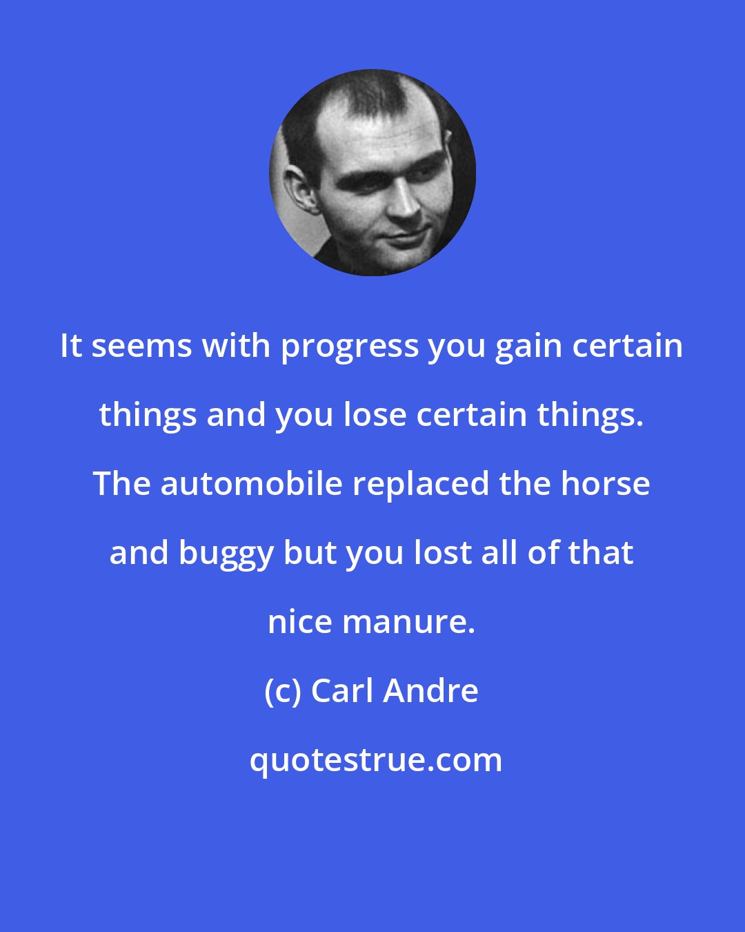 Carl Andre: It seems with progress you gain certain things and you lose certain things. The automobile replaced the horse and buggy but you lost all of that nice manure.