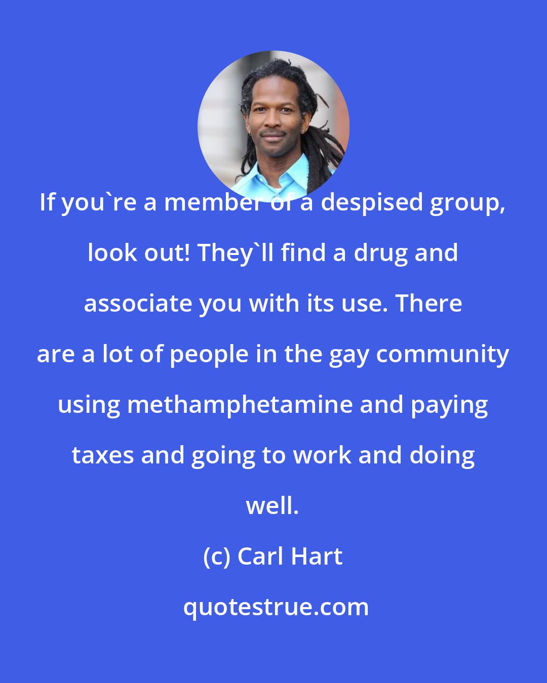 Carl Hart: If you're a member of a despised group, look out! They'll find a drug and associate you with its use. There are a lot of people in the gay community using methamphetamine and paying taxes and going to work and doing well.