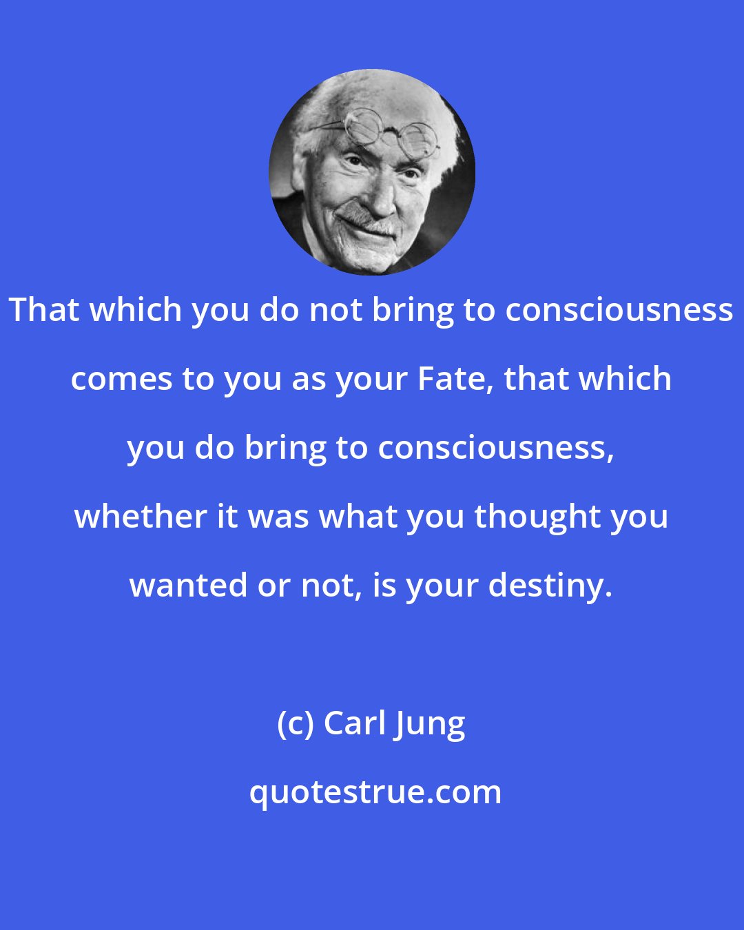 Carl Jung: That which you do not bring to consciousness comes to you as your Fate, that which you do bring to consciousness, whether it was what you thought you wanted or not, is your destiny.