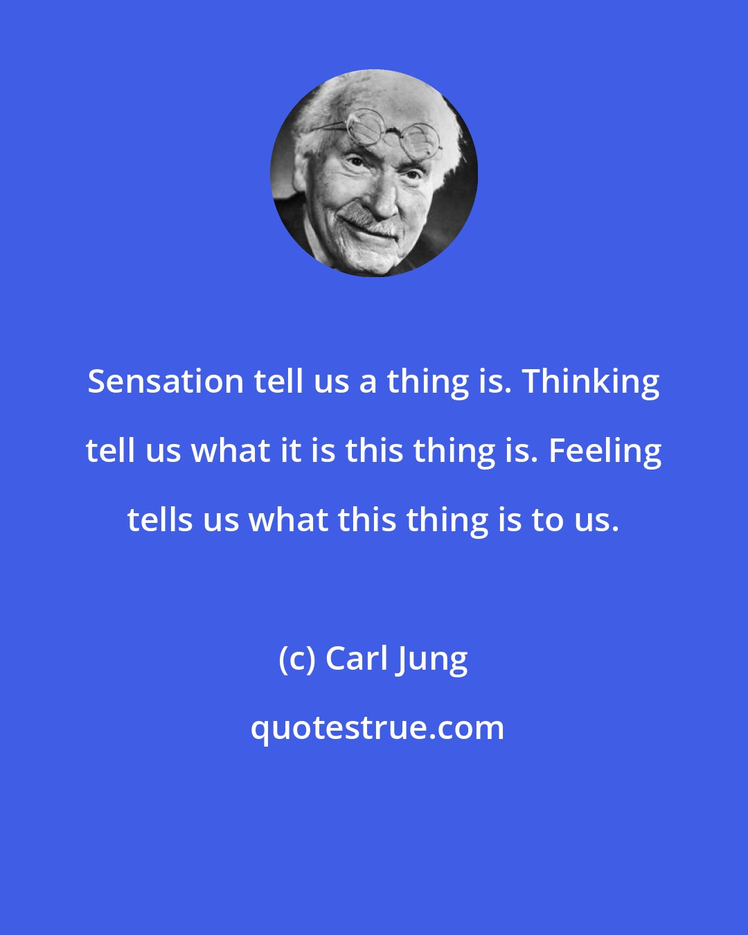 Carl Jung: Sensation tell us a thing is. Thinking tell us what it is this thing is. Feeling tells us what this thing is to us.