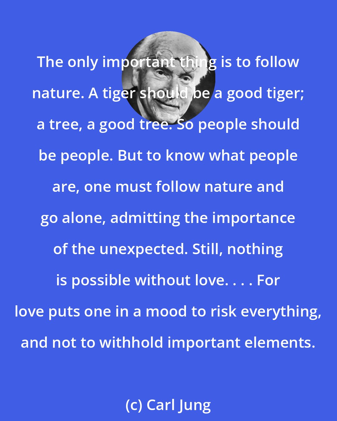 Carl Jung: The only important thing is to follow nature. A tiger should be a good tiger; a tree, a good tree. So people should be people. But to know what people are, one must follow nature and go alone, admitting the importance of the unexpected. Still, nothing is possible without love. . . . For love puts one in a mood to risk everything, and not to withhold important elements.