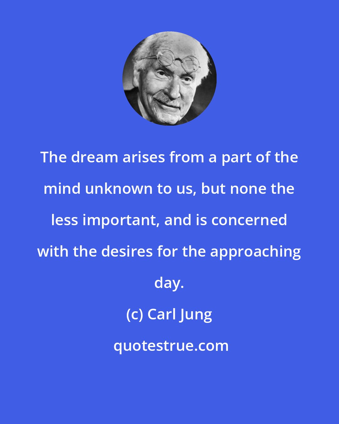 Carl Jung: The dream arises from a part of the mind unknown to us, but none the less important, and is concerned with the desires for the approaching day.