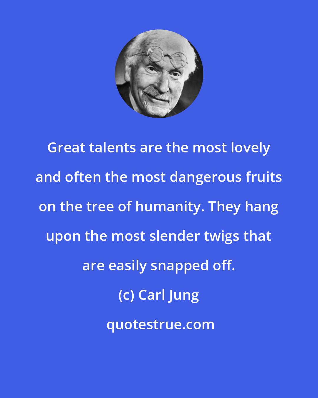 Carl Jung: Great talents are the most lovely and often the most dangerous fruits on the tree of humanity. They hang upon the most slender twigs that are easily snapped off.