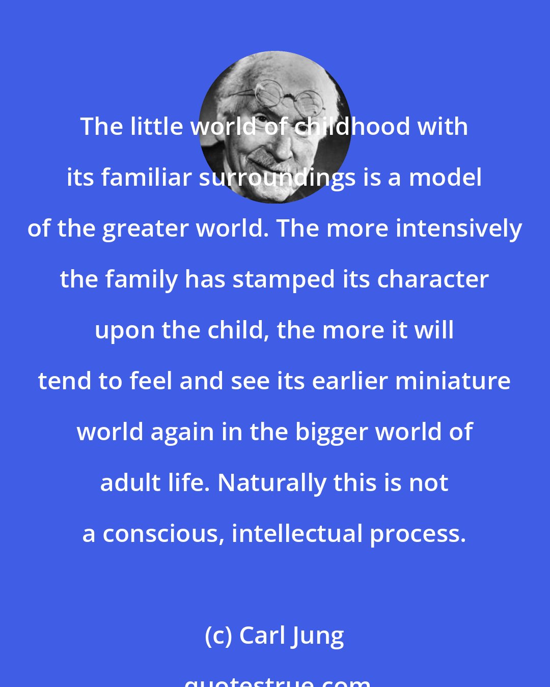 Carl Jung: The little world of childhood with its familiar surroundings is a model of the greater world. The more intensively the family has stamped its character upon the child, the more it will tend to feel and see its earlier miniature world again in the bigger world of adult life. Naturally this is not a conscious, intellectual process.