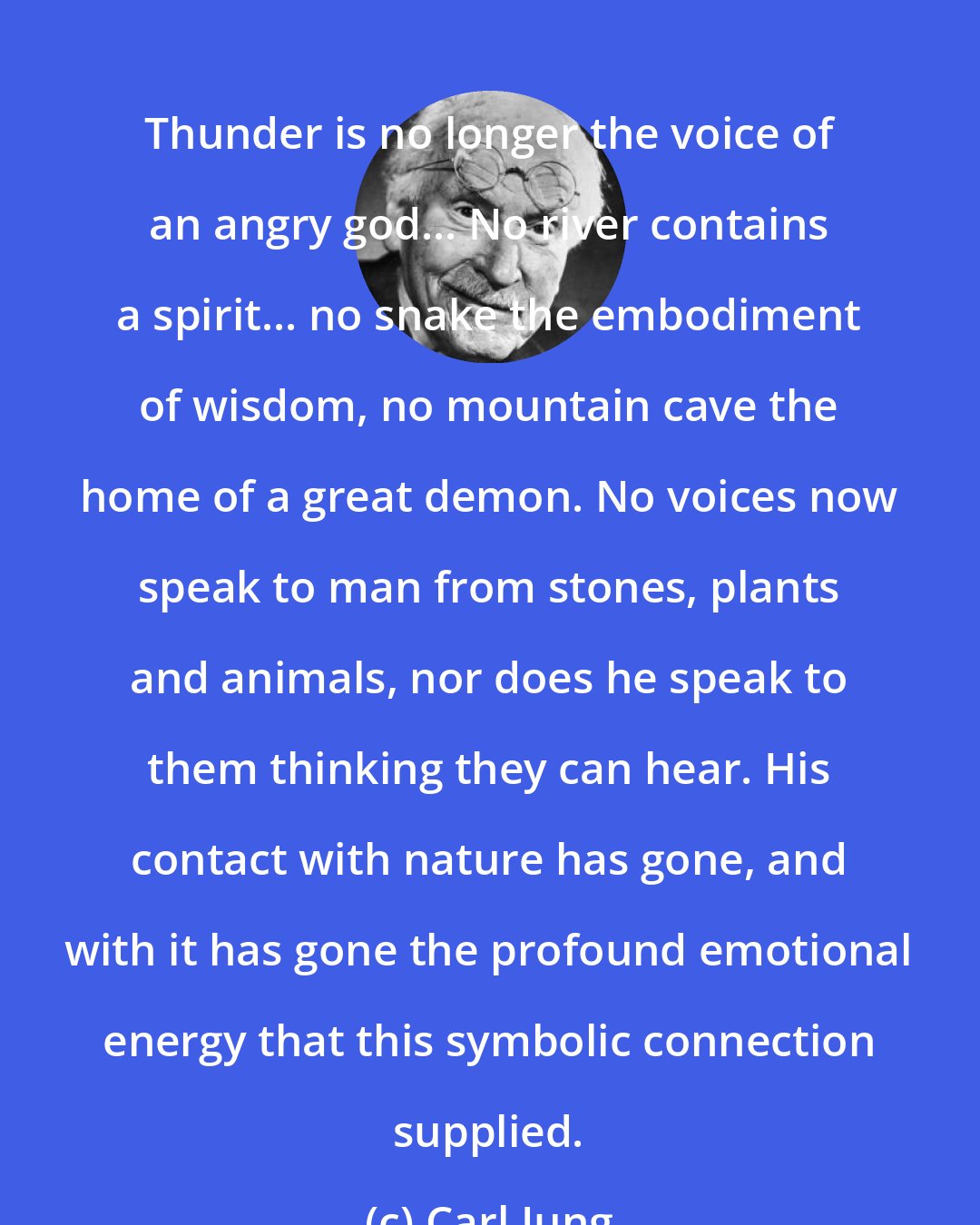 Carl Jung: Thunder is no longer the voice of an angry god... No river contains a spirit... no snake the embodiment of wisdom, no mountain cave the home of a great demon. No voices now speak to man from stones, plants and animals, nor does he speak to them thinking they can hear. His contact with nature has gone, and with it has gone the profound emotional energy that this symbolic connection supplied.