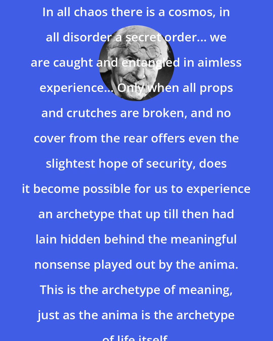 Carl Jung: In all chaos there is a cosmos, in all disorder a secret order... we are caught and entangled in aimless experience... Only when all props and crutches are broken, and no cover from the rear offers even the slightest hope of security, does it become possible for us to experience an archetype that up till then had lain hidden behind the meaningful nonsense played out by the anima. This is the archetype of meaning, just as the anima is the archetype of life itself.