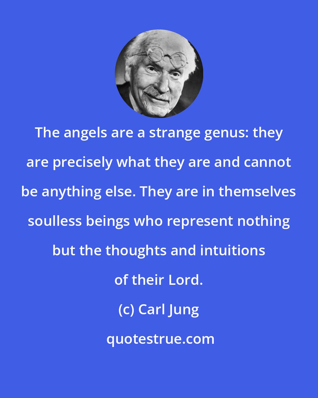 Carl Jung: The angels are a strange genus: they are precisely what they are and cannot be anything else. They are in themselves soulless beings who represent nothing but the thoughts and intuitions of their Lord.