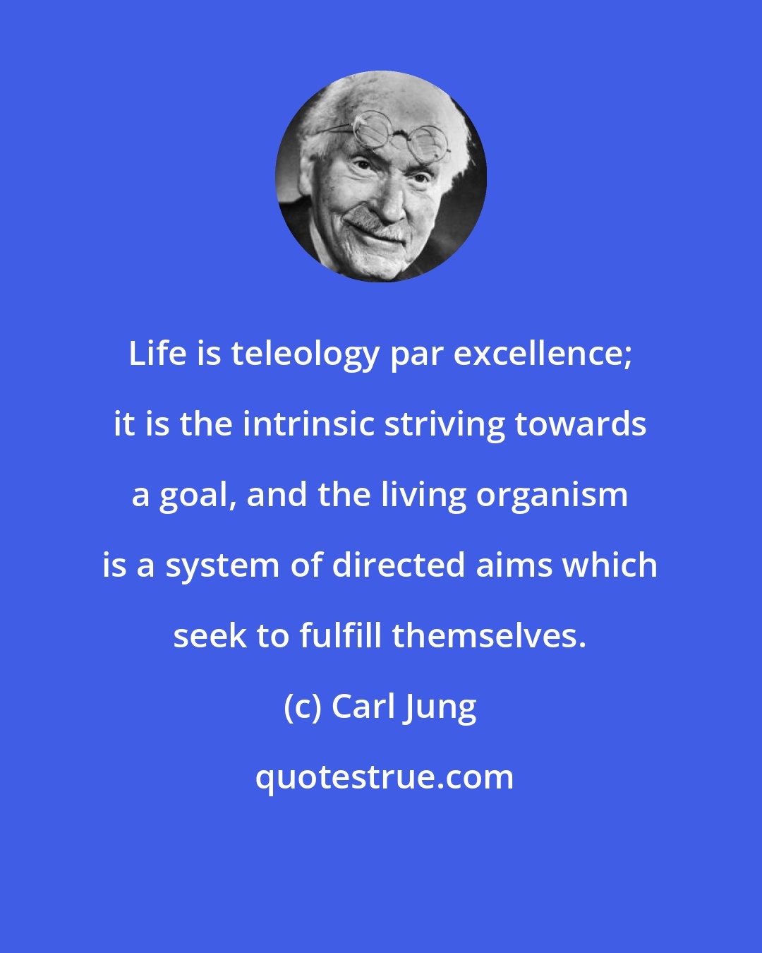 Carl Jung: Life is teleology par excellence; it is the intrinsic striving towards a goal, and the living organism is a system of directed aims which seek to fulfill themselves.