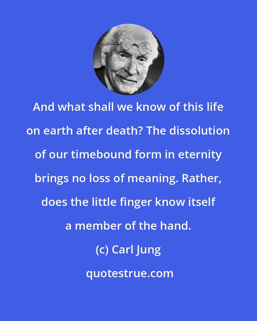 Carl Jung: And what shall we know of this life on earth after death? The dissolution of our timebound form in eternity brings no loss of meaning. Rather, does the little finger know itself a member of the hand.