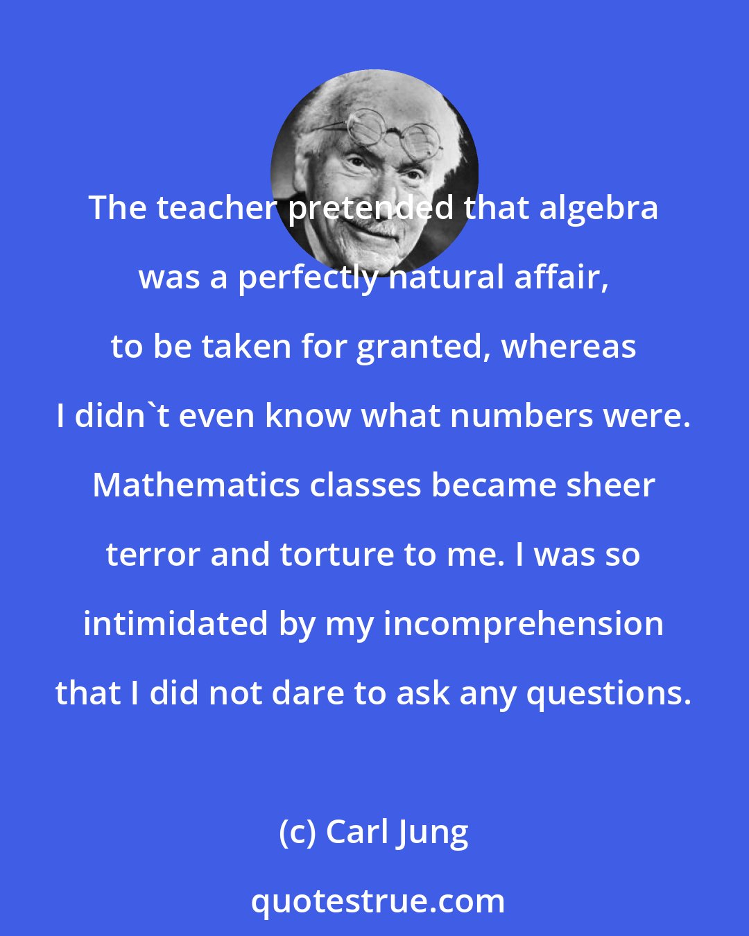 Carl Jung: The teacher pretended that algebra was a perfectly natural affair, to be taken for granted, whereas I didn't even know what numbers were. Mathematics classes became sheer terror and torture to me. I was so intimidated by my incomprehension that I did not dare to ask any questions.