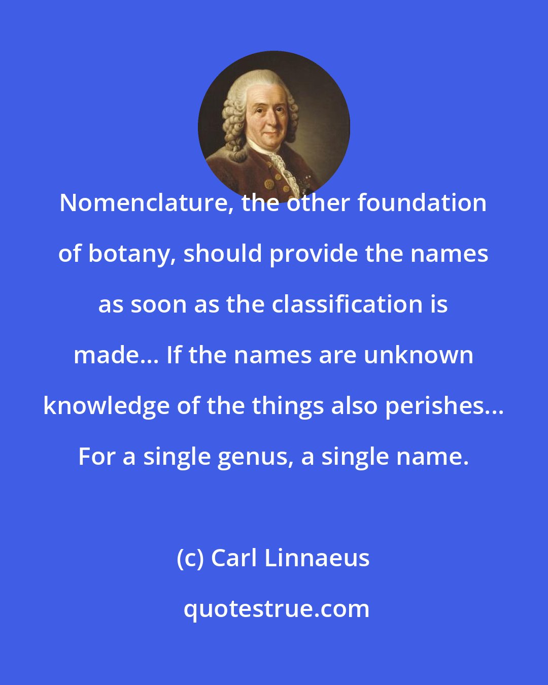 Carl Linnaeus: Nomenclature, the other foundation of botany, should provide the names as soon as the classification is made... If the names are unknown knowledge of the things also perishes... For a single genus, a single name.