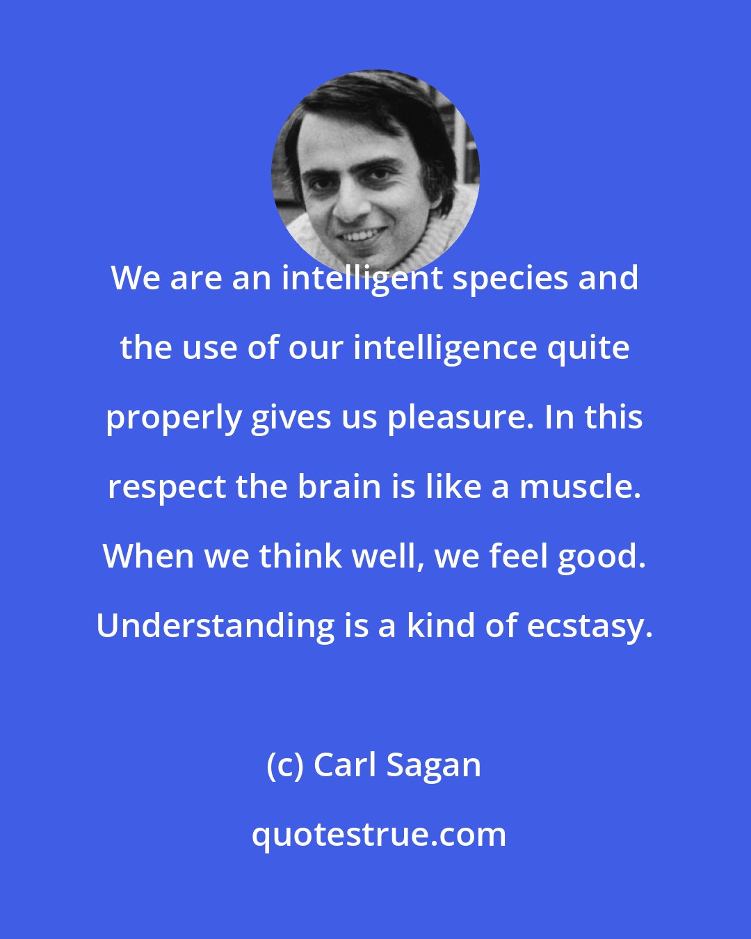 Carl Sagan: We are an intelligent species and the use of our intelligence quite properly gives us pleasure. In this respect the brain is like a muscle. When we think well, we feel good. Understanding is a kind of ecstasy.