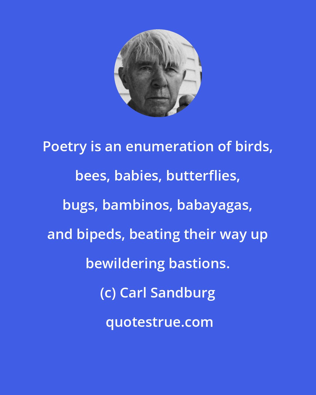 Carl Sandburg: Poetry is an enumeration of birds, bees, babies, butterflies, bugs, bambinos, babayagas, and bipeds, beating their way up bewildering bastions.