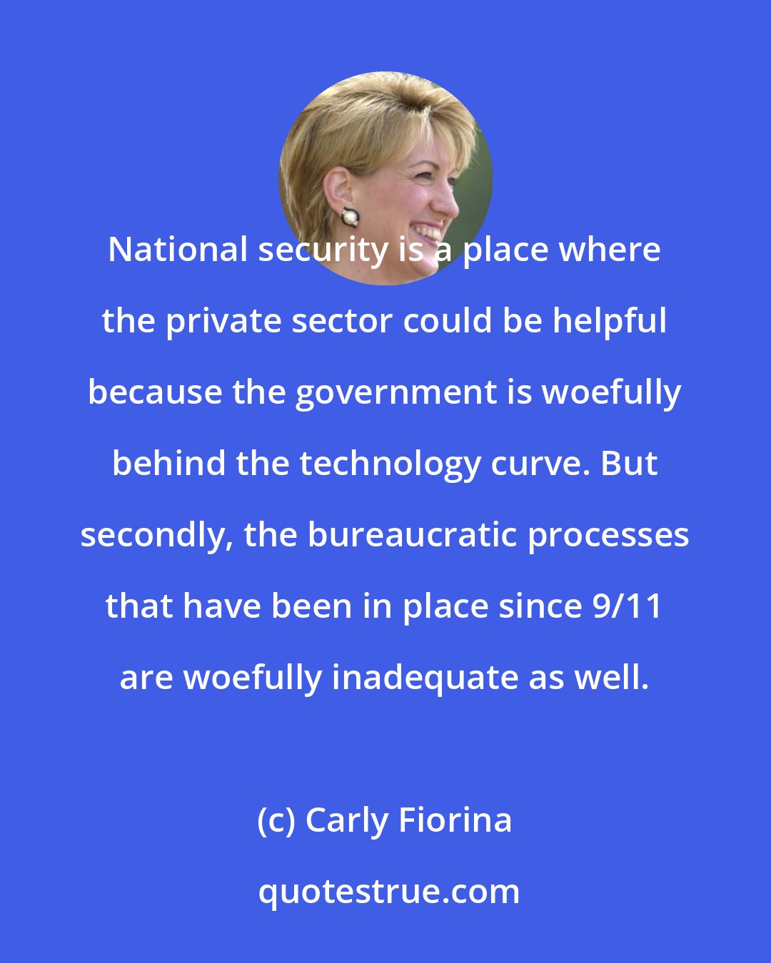 Carly Fiorina: National security is a place where the private sector could be helpful because the government is woefully behind the technology curve. But secondly, the bureaucratic processes that have been in place since 9/11 are woefully inadequate as well.