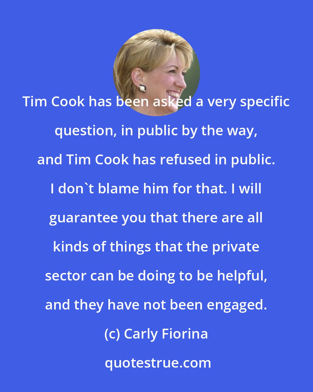 Carly Fiorina: Tim Cook has been asked a very specific question, in public by the way, and Tim Cook has refused in public. I don't blame him for that. I will guarantee you that there are all kinds of things that the private sector can be doing to be helpful, and they have not been engaged.