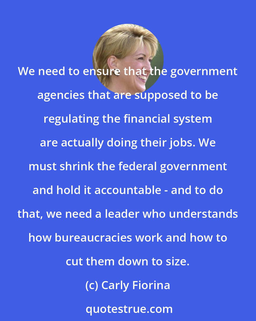 Carly Fiorina: We need to ensure that the government agencies that are supposed to be regulating the financial system are actually doing their jobs. We must shrink the federal government and hold it accountable - and to do that, we need a leader who understands how bureaucracies work and how to cut them down to size.