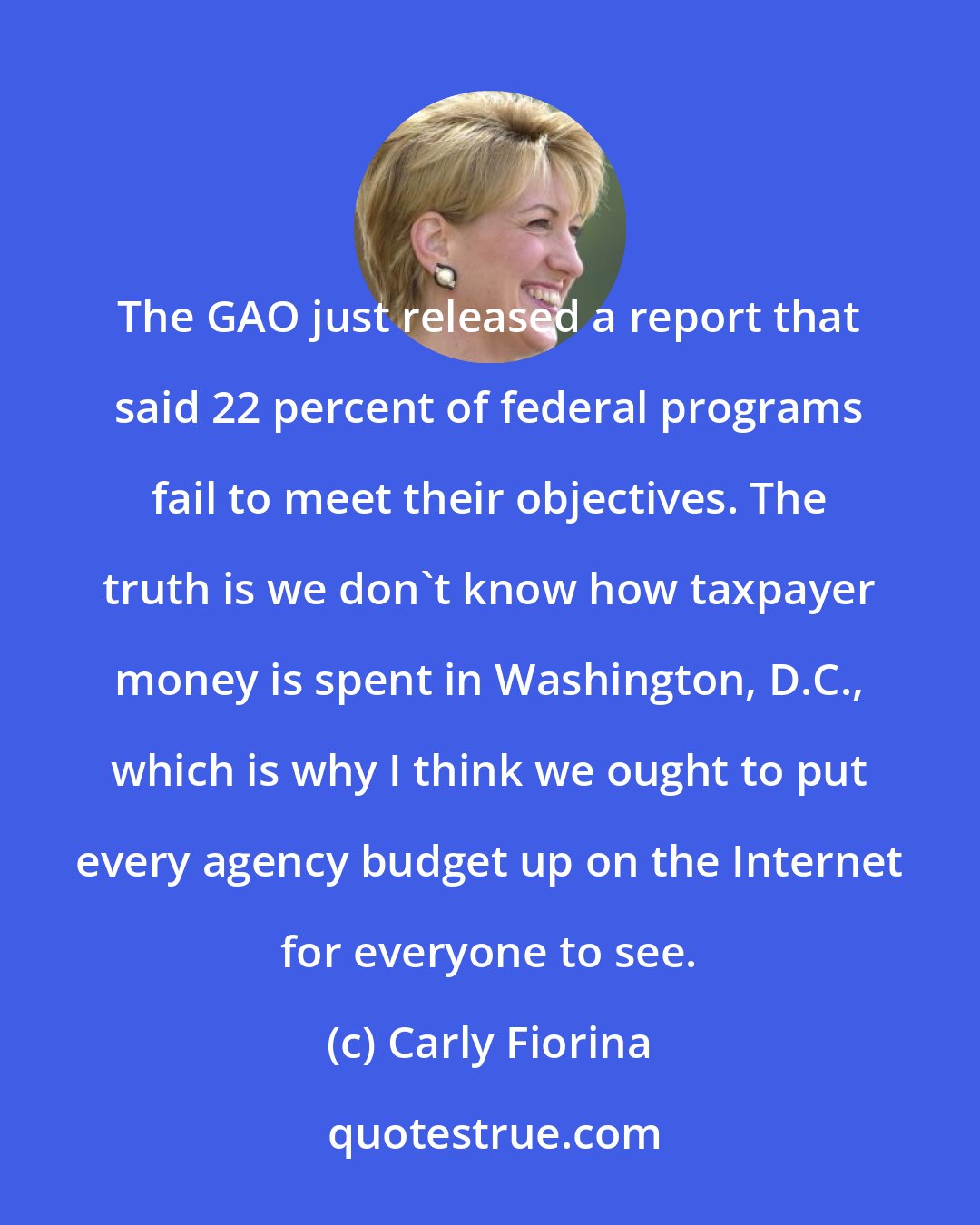 Carly Fiorina: The GAO just released a report that said 22 percent of federal programs fail to meet their objectives. The truth is we don't know how taxpayer money is spent in Washington, D.C., which is why I think we ought to put every agency budget up on the Internet for everyone to see.