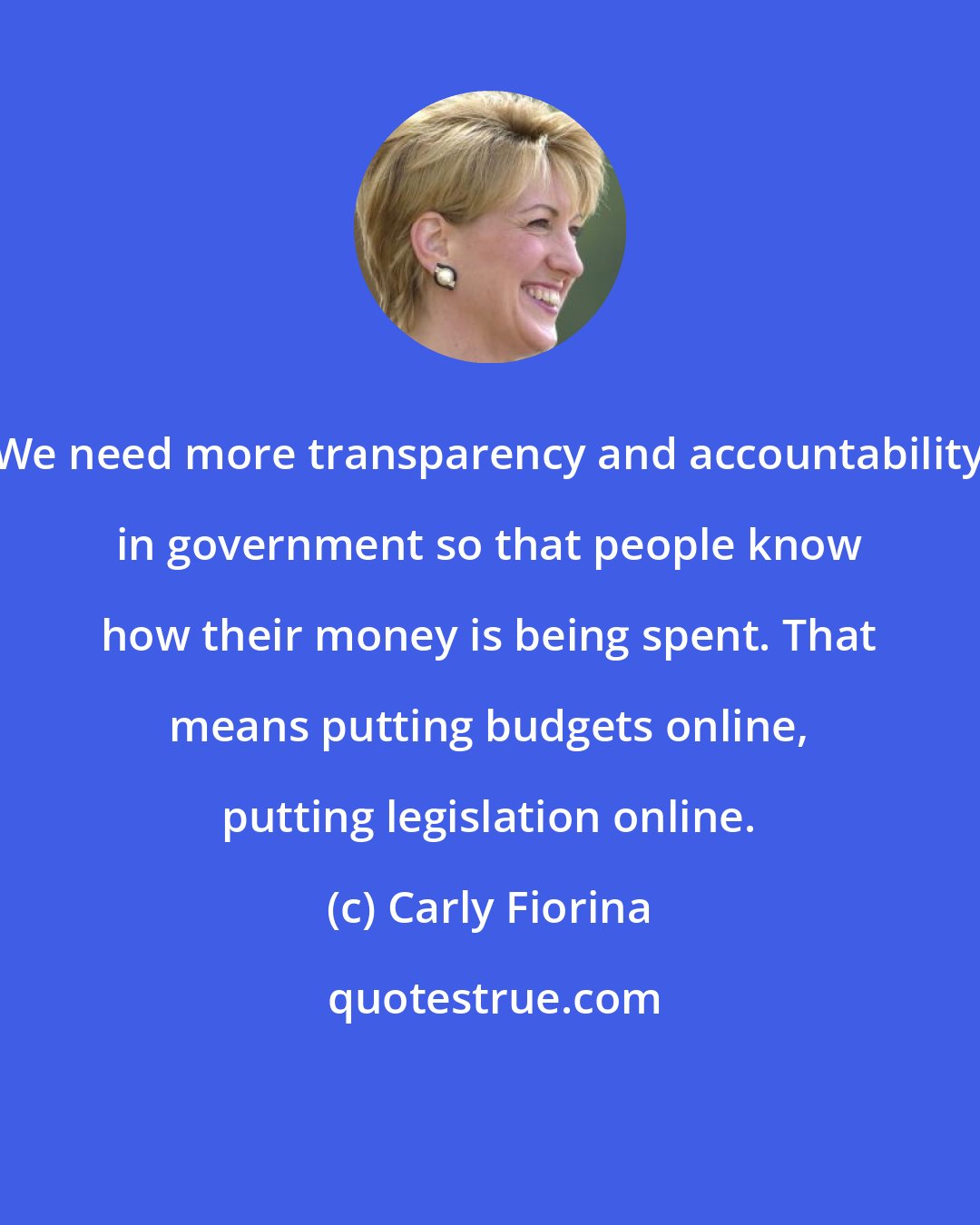 Carly Fiorina: We need more transparency and accountability in government so that people know how their money is being spent. That means putting budgets online, putting legislation online.