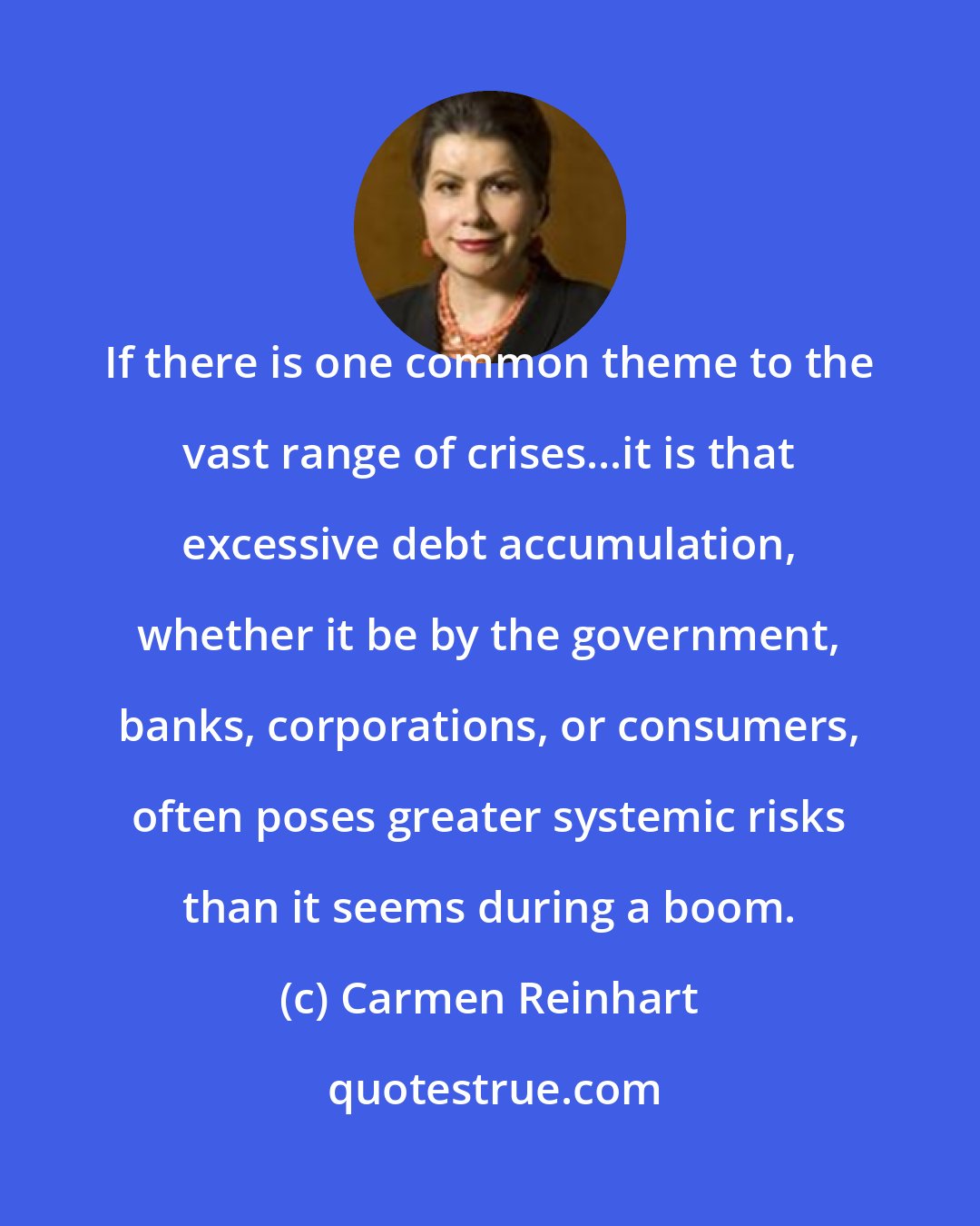 Carmen Reinhart: If there is one common theme to the vast range of crises...it is that excessive debt accumulation, whether it be by the government, banks, corporations, or consumers, often poses greater systemic risks than it seems during a boom.