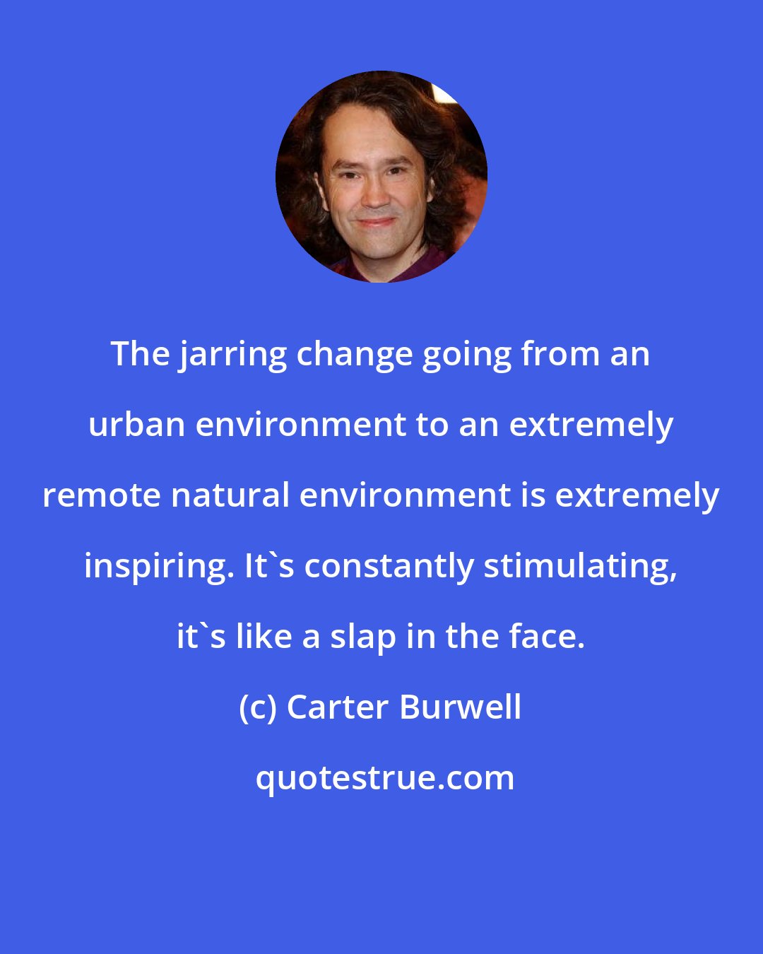 Carter Burwell: The jarring change going from an urban environment to an extremely remote natural environment is extremely inspiring. It's constantly stimulating, it's like a slap in the face.