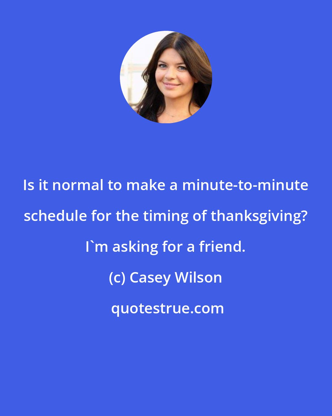 Casey Wilson: Is it normal to make a minute-to-minute schedule for the timing of thanksgiving? I'm asking for a friend.
