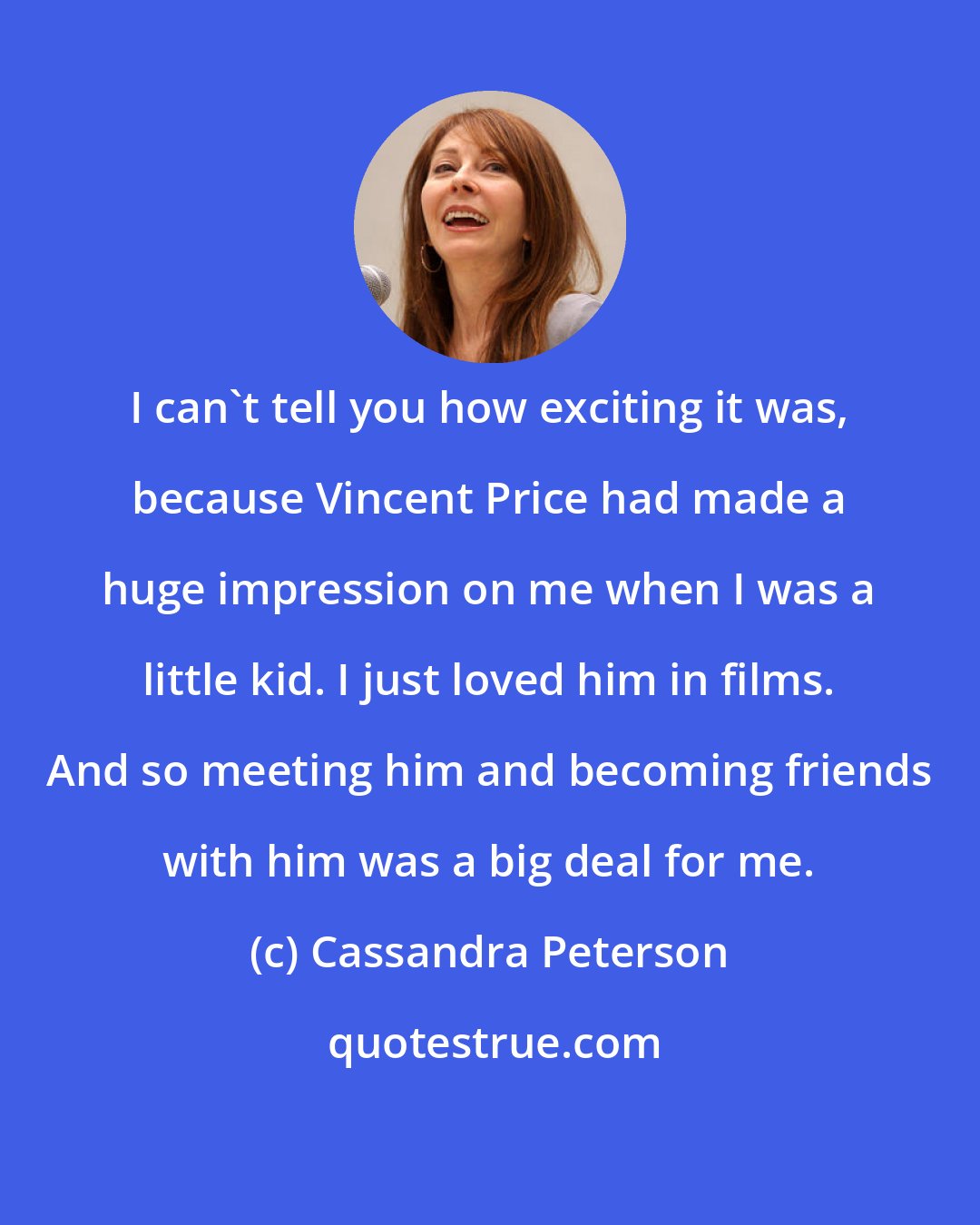 Cassandra Peterson: I can't tell you how exciting it was, because Vincent Price had made a huge impression on me when I was a little kid. I just loved him in films. And so meeting him and becoming friends with him was a big deal for me.