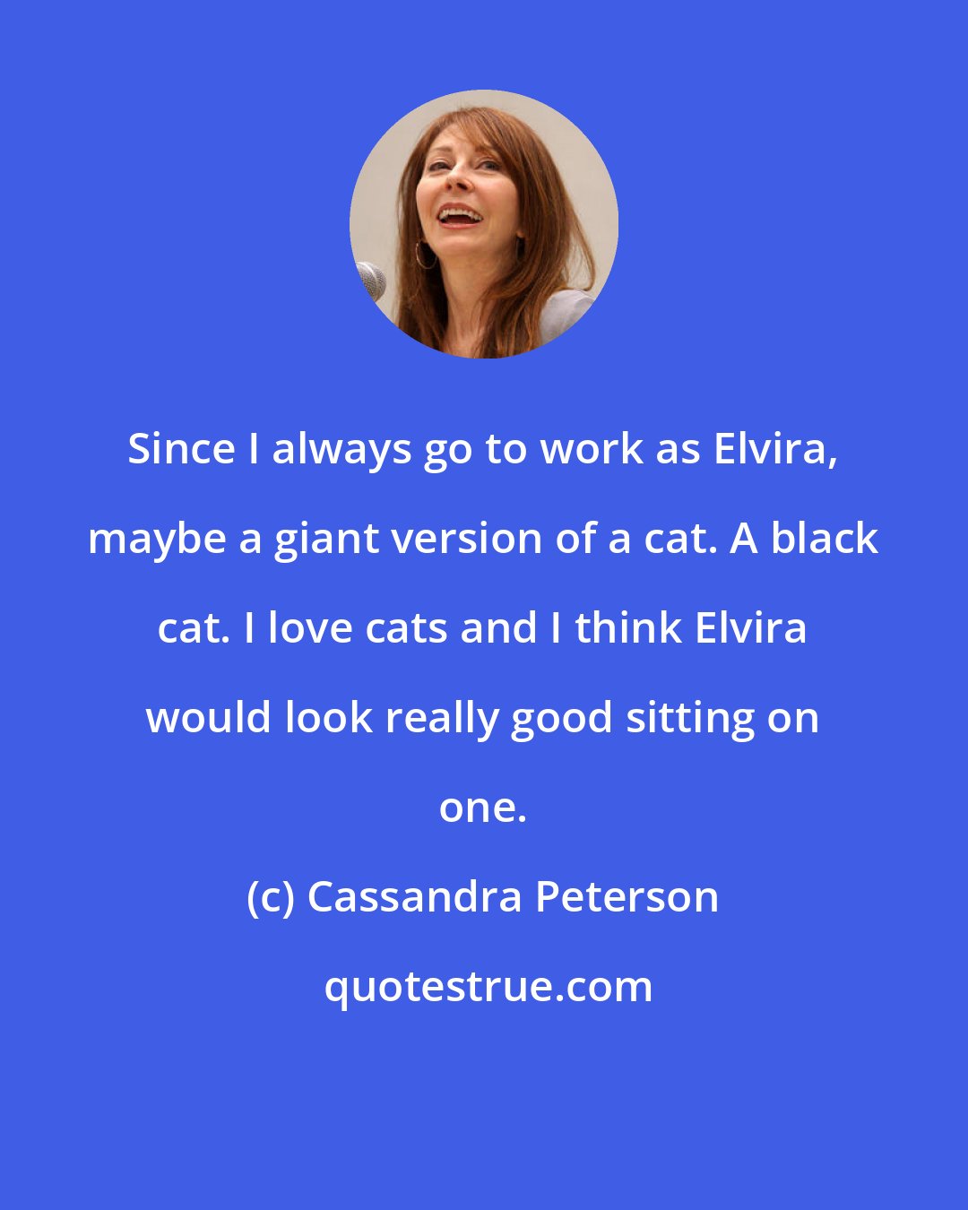 Cassandra Peterson: Since I always go to work as Elvira, maybe a giant version of a cat. A black cat. I love cats and I think Elvira would look really good sitting on one.