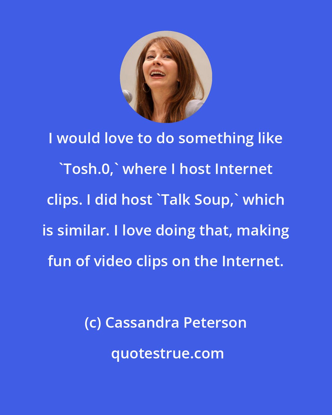 Cassandra Peterson: I would love to do something like 'Tosh.0,' where I host Internet clips. I did host 'Talk Soup,' which is similar. I love doing that, making fun of video clips on the Internet.