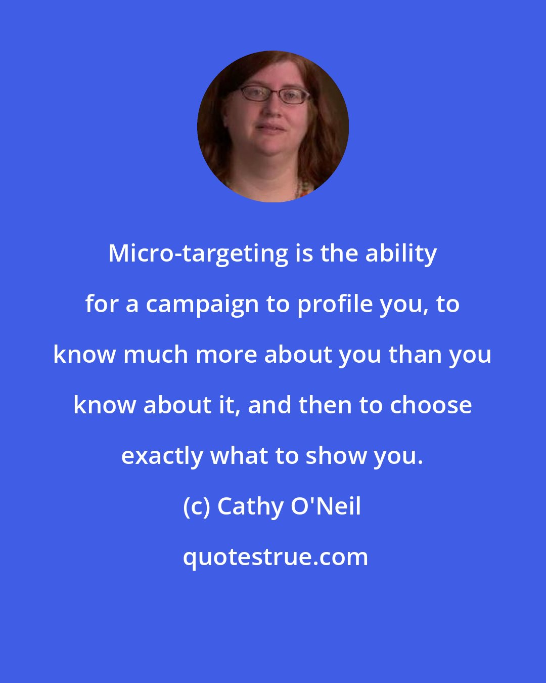 Cathy O'Neil: Micro-targeting is the ability for a campaign to profile you, to know much more about you than you know about it, and then to choose exactly what to show you.