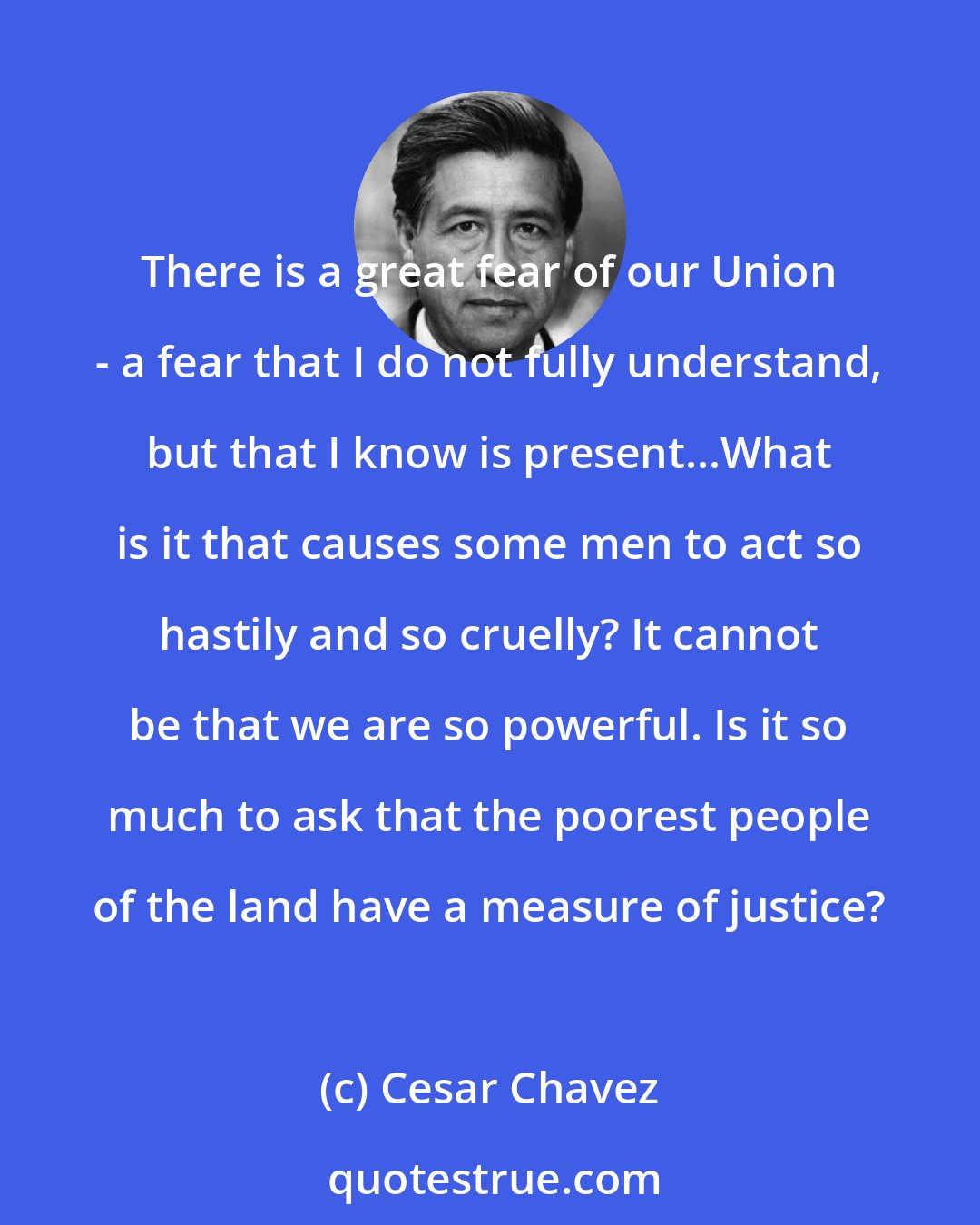 Cesar Chavez: There is a great fear of our Union - a fear that I do not fully understand, but that I know is present...What is it that causes some men to act so hastily and so cruelly? It cannot be that we are so powerful. Is it so much to ask that the poorest people of the land have a measure of justice?