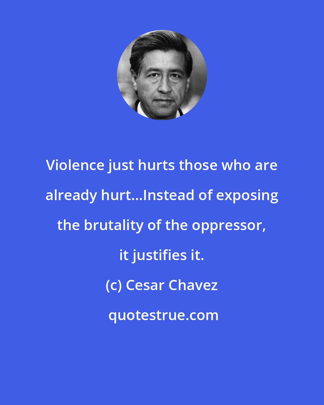 Cesar Chavez: Violence just hurts those who are already hurt...Instead of exposing the brutality of the oppressor, it justifies it.