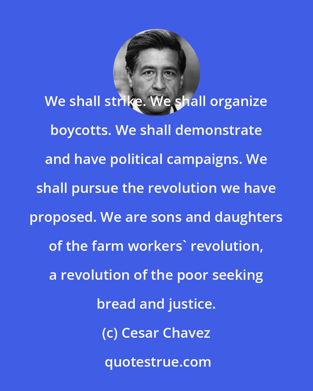 Cesar Chavez: We shall strike. We shall organize boycotts. We shall demonstrate and have political campaigns. We shall pursue the revolution we have proposed. We are sons and daughters of the farm workers' revolution, a revolution of the poor seeking bread and justice.