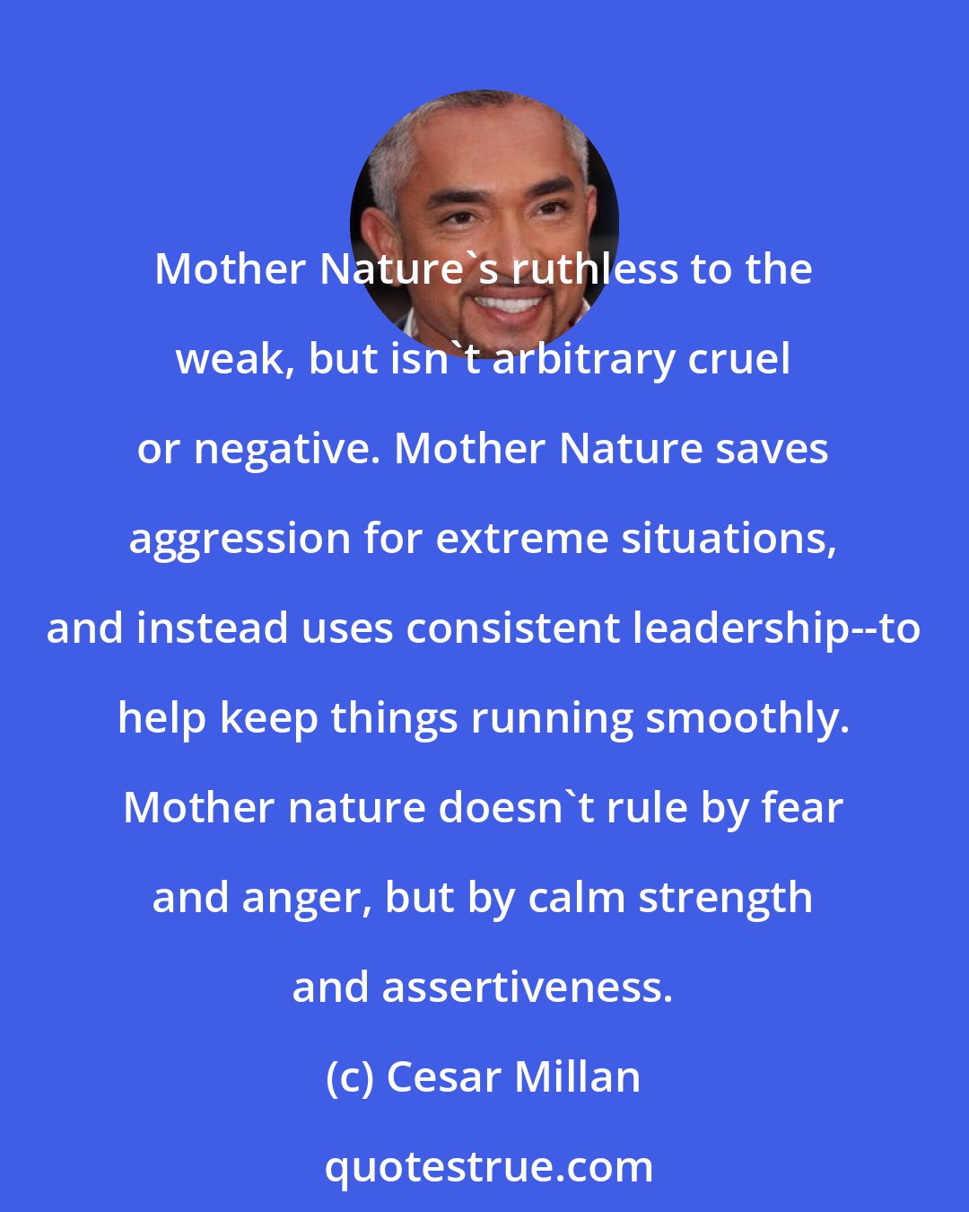Cesar Millan: Mother Nature's ruthless to the weak, but isn't arbitrary cruel or negative. Mother Nature saves aggression for extreme situations, and instead uses consistent leadership--to help keep things running smoothly. Mother nature doesn't rule by fear and anger, but by calm strength and assertiveness.