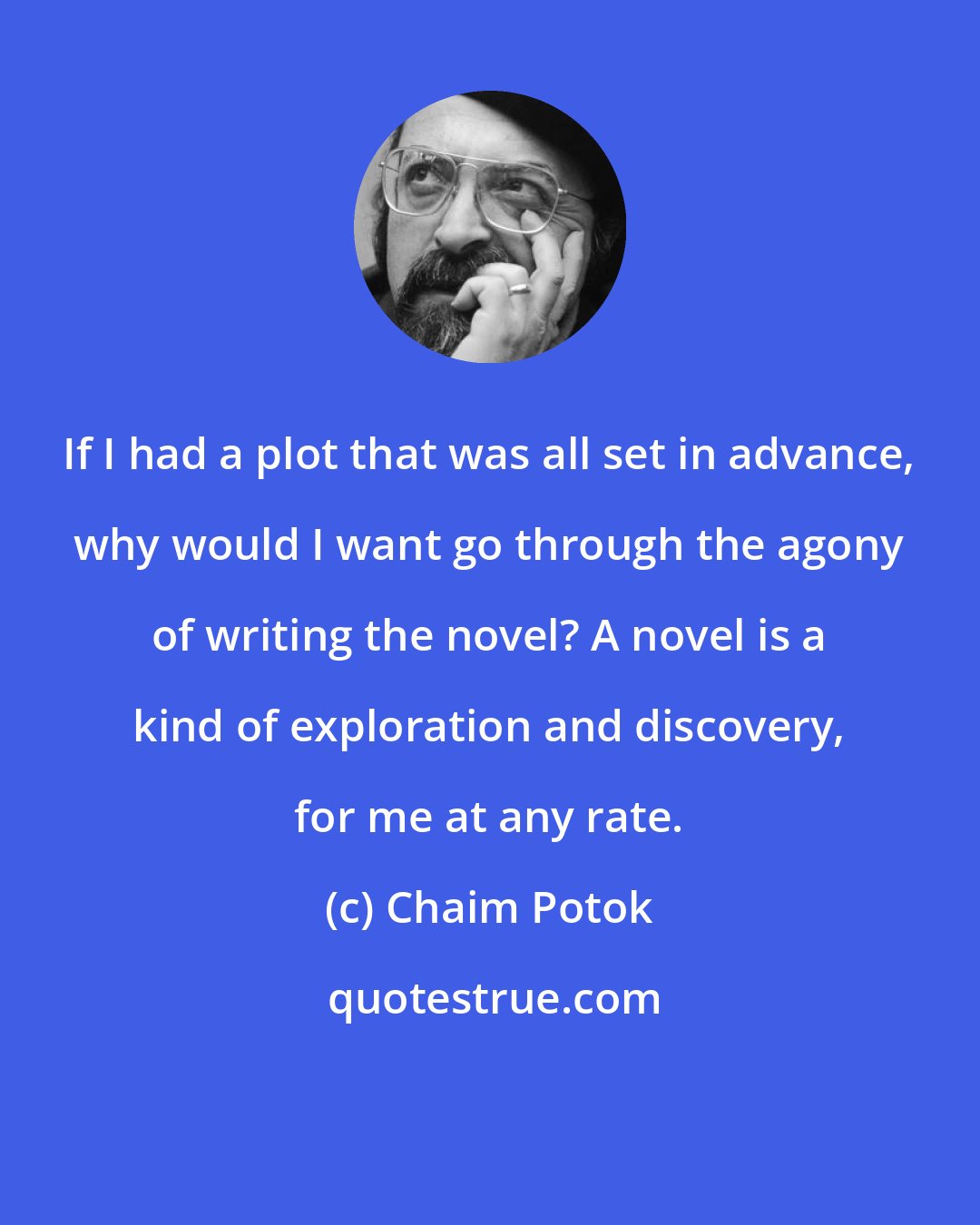 Chaim Potok: If I had a plot that was all set in advance, why would I want go through the agony of writing the novel? A novel is a kind of exploration and discovery, for me at any rate.