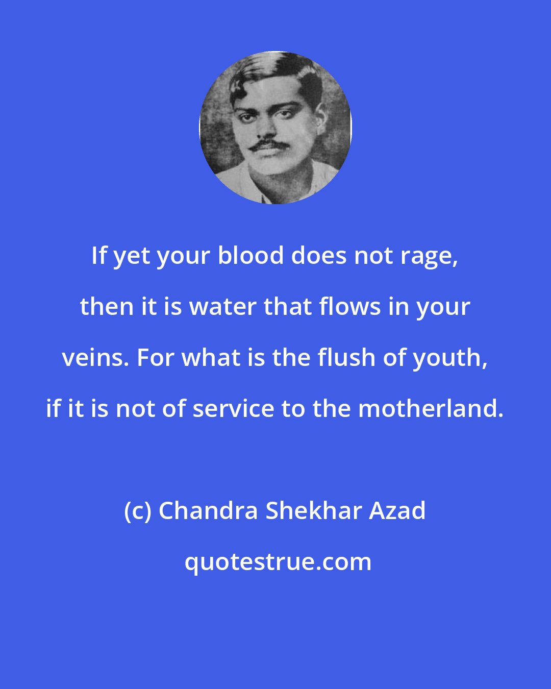 Chandra Shekhar Azad: If yet your blood does not rage, then it is water that flows in your veins. For what is the flush of youth, if it is not of service to the motherland.