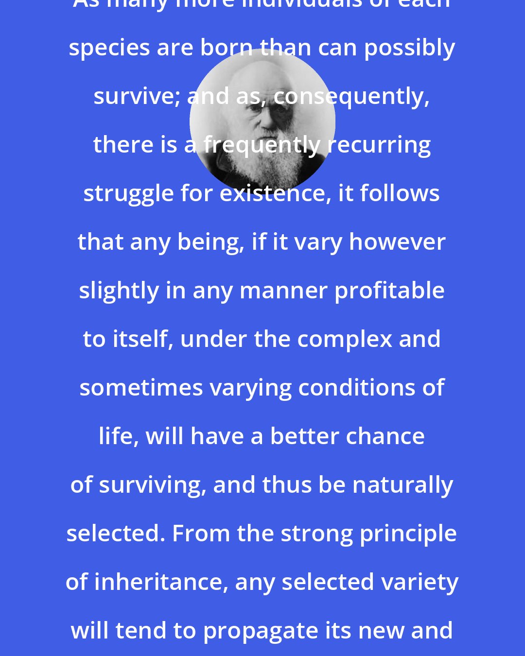 Charles Darwin: As many more individuals of each species are born than can possibly survive; and as, consequently, there is a frequently recurring struggle for existence, it follows that any being, if it vary however slightly in any manner profitable to itself, under the complex and sometimes varying conditions of life, will have a better chance of surviving, and thus be naturally selected. From the strong principle of inheritance, any selected variety will tend to propagate its new and modified form.