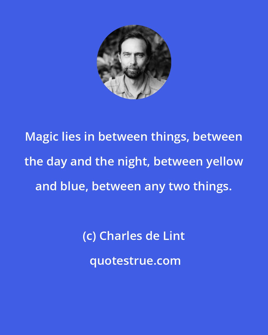 Charles de Lint: Magic lies in between things, between the day and the night, between yellow and blue, between any two things.