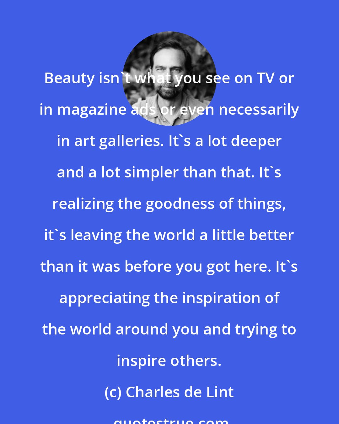 Charles de Lint: Beauty isn't what you see on TV or in magazine ads or even necessarily in art galleries. It's a lot deeper and a lot simpler than that. It's realizing the goodness of things, it's leaving the world a little better than it was before you got here. It's appreciating the inspiration of the world around you and trying to inspire others.