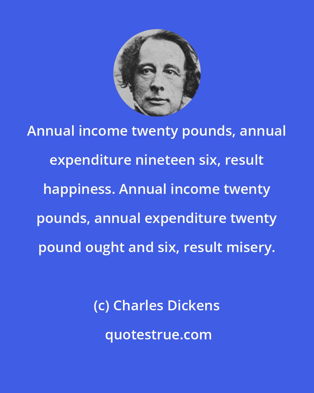 Charles Dickens: Annual income twenty pounds, annual expenditure nineteen six, result happiness. Annual income twenty pounds, annual expenditure twenty pound ought and six, result misery.
