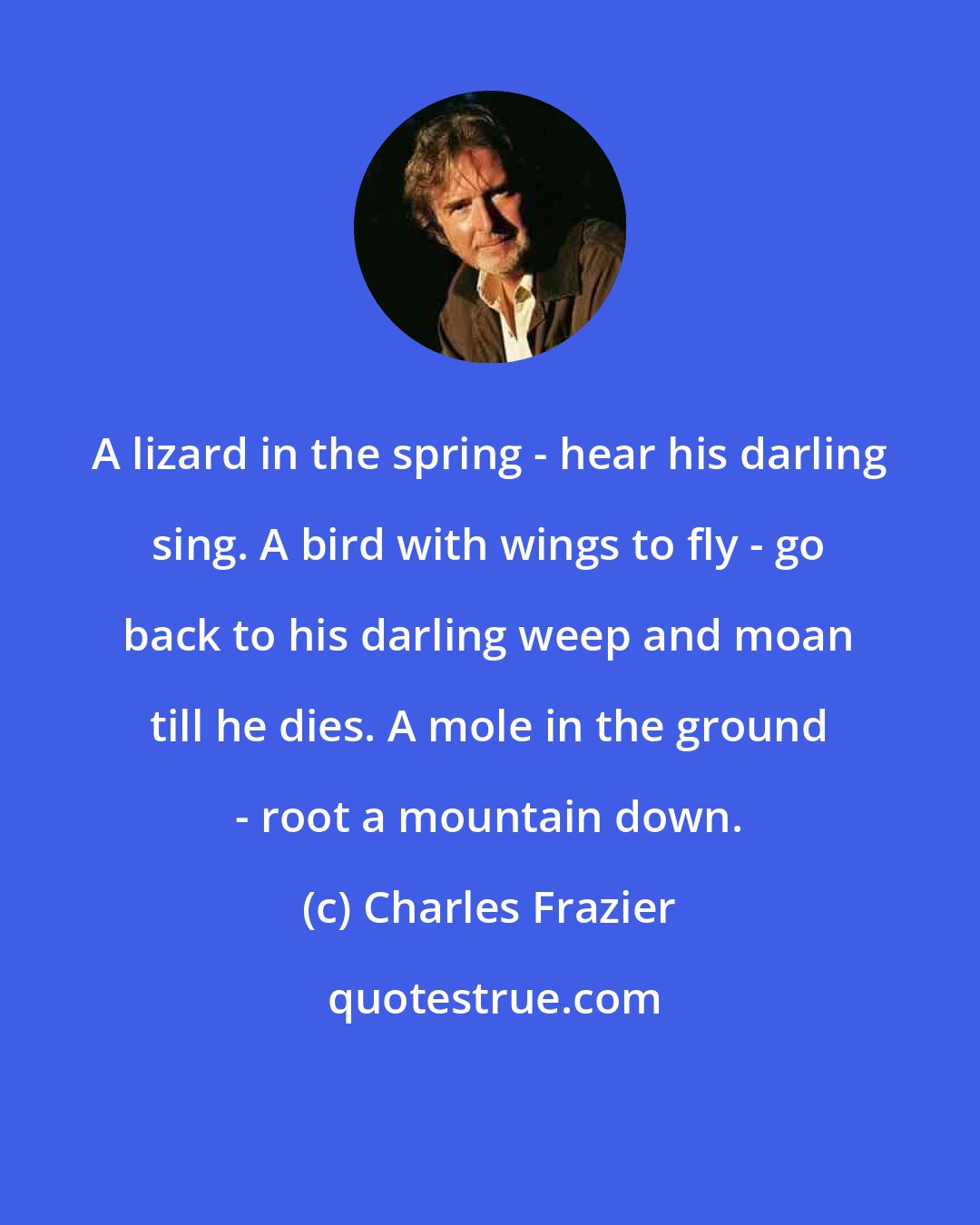 Charles Frazier: A lizard in the spring - hear his darling sing. A bird with wings to fly - go back to his darling weep and moan till he dies. A mole in the ground - root a mountain down.