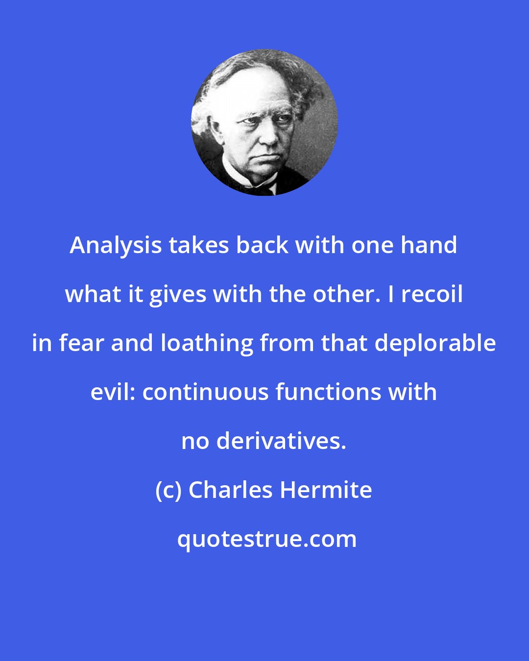 Charles Hermite: Analysis takes back with one hand what it gives with the other. I recoil in fear and loathing from that deplorable evil: continuous functions with no derivatives.