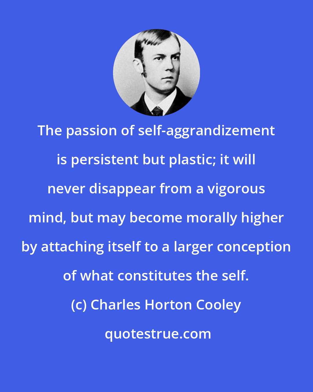 Charles Horton Cooley: The passion of self-aggrandizement is persistent but plastic; it will never disappear from a vigorous mind, but may become morally higher by attaching itself to a larger conception of what constitutes the self.