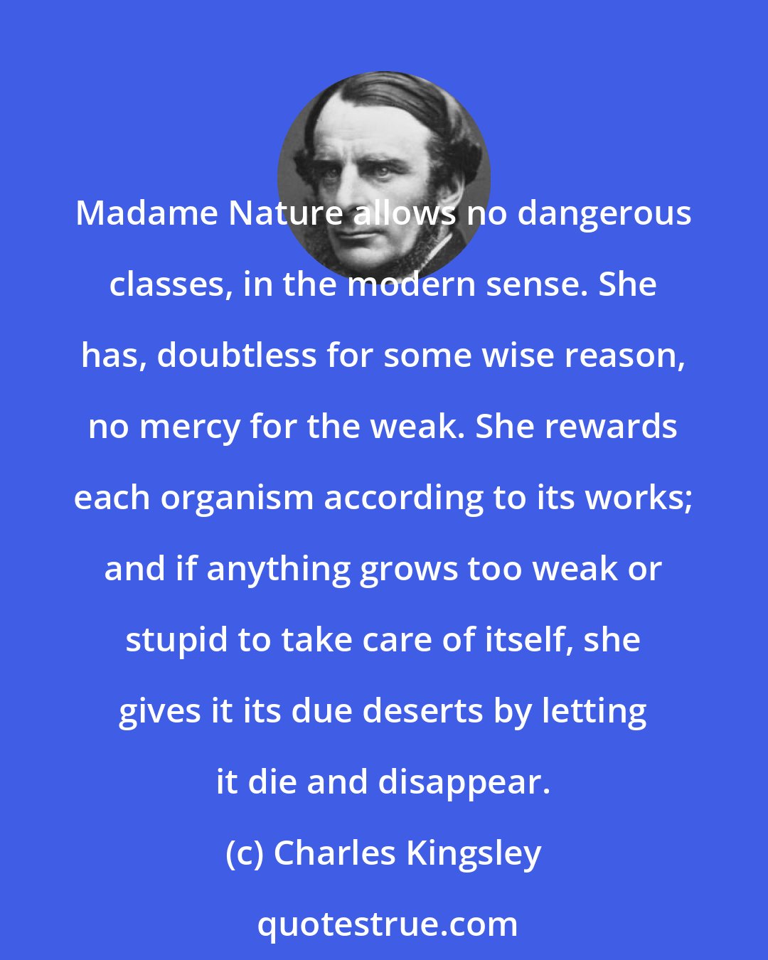 Charles Kingsley: Madame Nature allows no dangerous classes, in the modern sense. She has, doubtless for some wise reason, no mercy for the weak. She rewards each organism according to its works; and if anything grows too weak or stupid to take care of itself, she gives it its due deserts by letting it die and disappear.